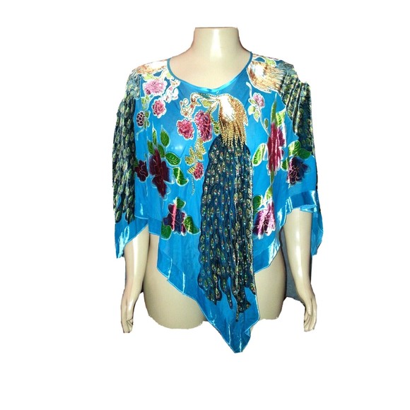 Lane Bryant Blue Peacock Floral Beaded Poncho One Size 14/20 EUC - Picture 1 of 6